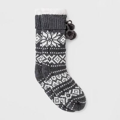 Women's Fair Isle Sherpa Lined Slipper Socks with Poms & Grippers - Charcoal 4-10