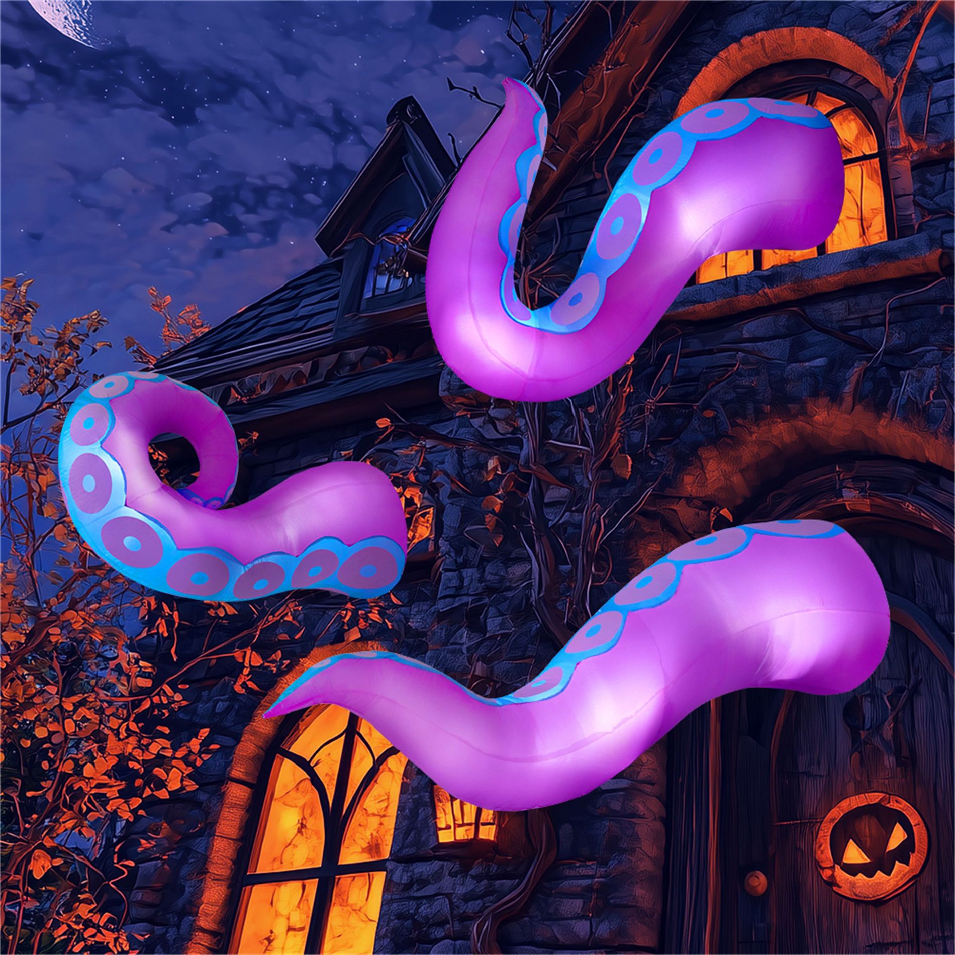 Joyfy 3 Pcs Halloween Inflatable Outdoor Decorations, Purple Octopus Tentacle with Built-in LEDs Broke Out from Window for Halloween Window Roof Decor