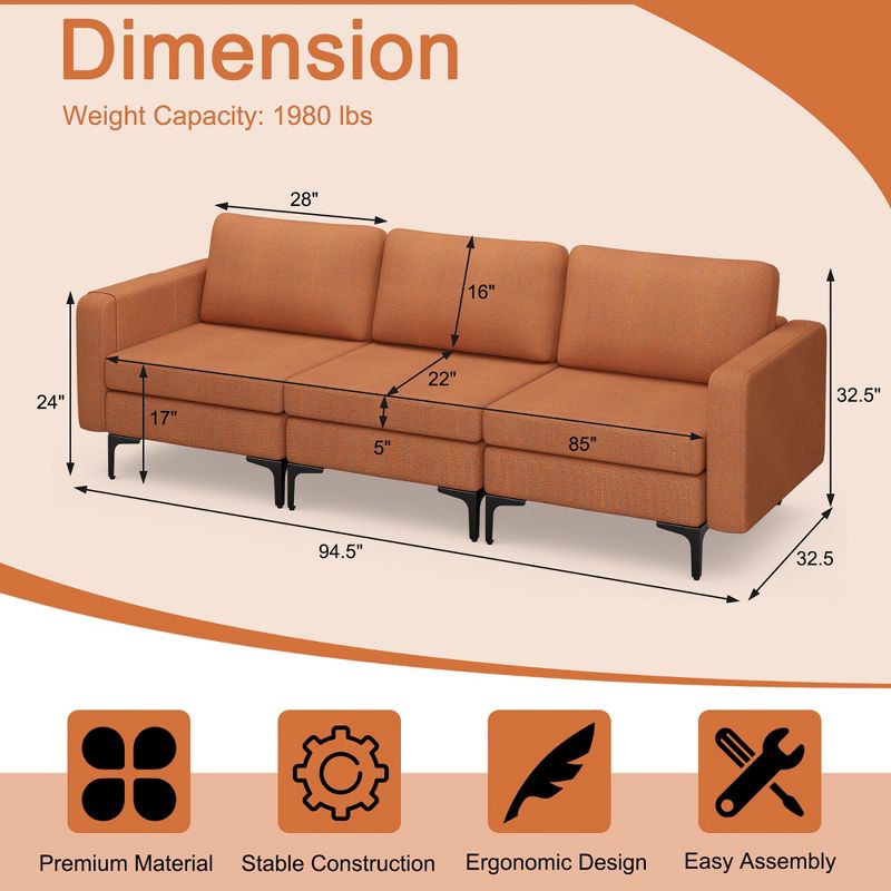 Costway Modular 3-Seat Sofa Couch w/ Socket USB Ports & Side Storage Pocket Orange\Dark Grey, 4 of 11
