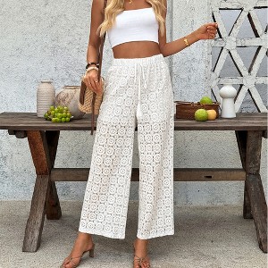 Women's Crochet Lace Wide Leg Pants High Waist Drawstring Casual
