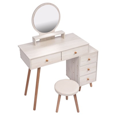 Okak 47" Vanity Desk with Large Mirror, Dressing Table Set with Charging Station, Makeup Vanity with 5 Drawers and Cabinet for Bedroom