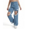 Mocamel Girl's Loose Washed Jeans Mid Waist Elastic Belt Straight Casual Ripped Wide Leg Design - 2 of 4