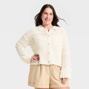 Women's Collared Crochet Cardigan - A New Day™ Cream XXL : Target