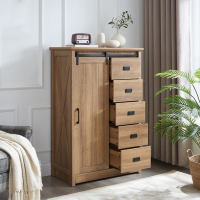 5 Drawer Dresser With Sliding Barn Door, Farmhouse 47" Tall Chest of Drawers, Storage Organizer Dresser for Bedroom Hallway Living Room