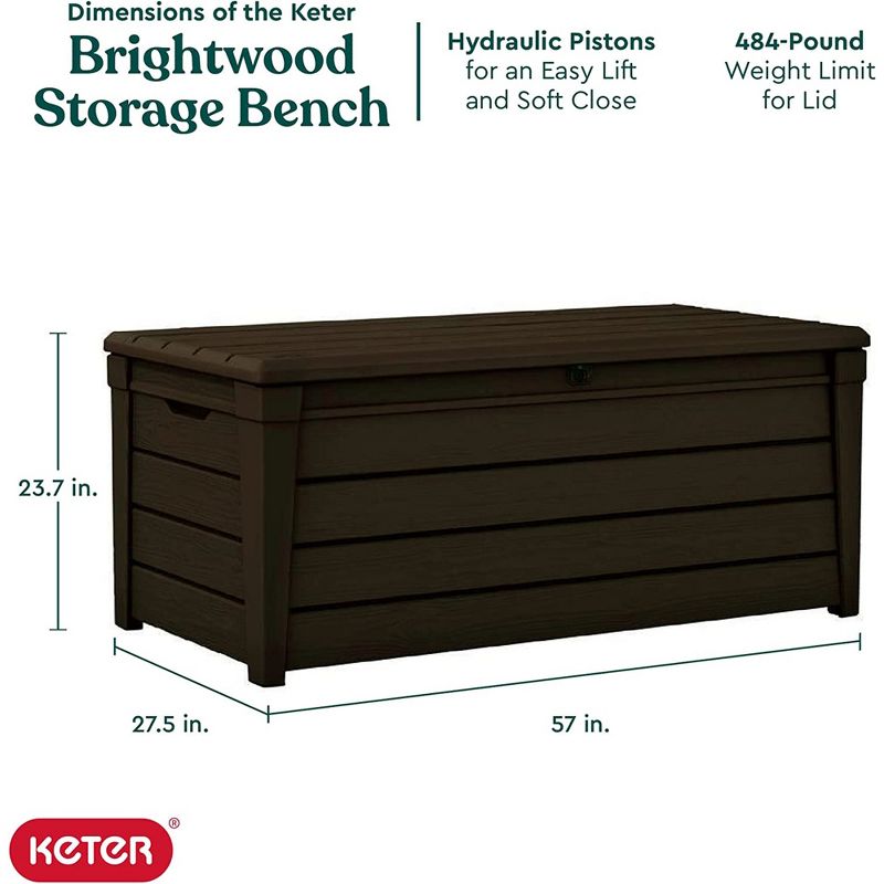 Keter Brightwood 120 Gallon All Weather Weatherproof Resin Outdoor Backyard Patio Porch Garden Deck Storage Bench with Easy Lift, Brown (2 Pack), 5 of 7