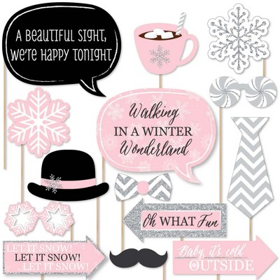 Big Dot of Happiness Pink Winter Wonderland - Holiday Snowflake Birthday Party or Baby Shower Photo Booth Props Kit - 20 Count