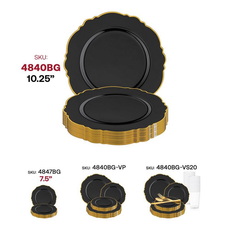 Smarty Had A Party 10.25" Black with Gold Rim Round Blossom Disposable Plastic Dinner Plates (120 Plates), 5 of 7