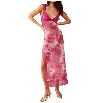 Mocamel  Women Lace Patchwork Floral Maxi Dress Sexy Cutout V-Neck Bodycon Party Dress For Small Chested Women
