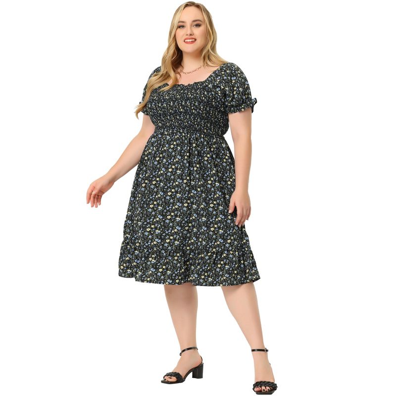 Agnes Orinda Women's Plus Size Flared Flowy Smock Ruffle Sleeve Floral Dresses, 3 of 7