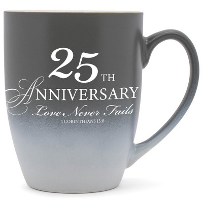 Elanze Designs 25Th Anniversary Love Never Fails 1 Corinthians 13:8 Two Toned Ombre Matte Grey and White 12 ounce Ceramic Stoneware Coffee Cup Mug