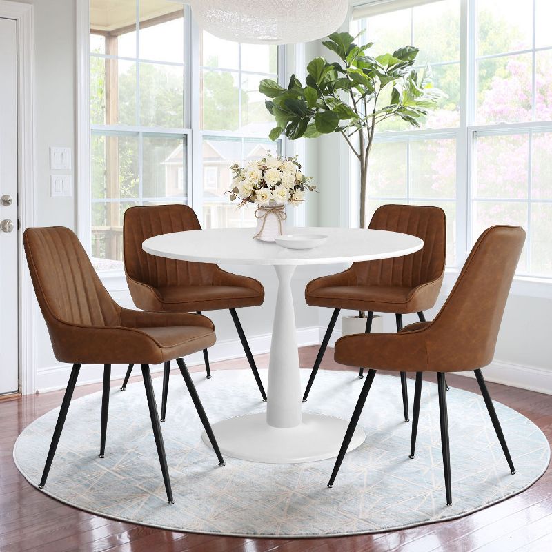 White Round Dining Table Set For 4,Round Pedestal Dining Table 35" With 4 Upholstered Faux Leather Dining Chair with Black Legs-The Pop Maison, 1 of 8