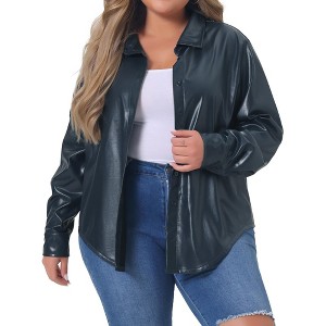 Agnes Orinda Women's Plus Size Faux Leather Long Sleeves Button Motorcycle Biker Moto Button Down Shirts - 1 of 4