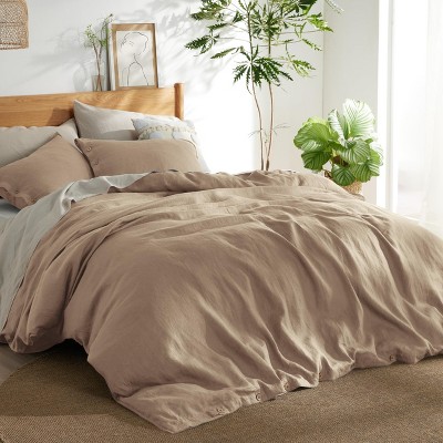 3 Pieces Linen Soft & Cozy Duvet Cover Linen Cotton Blend Bedding Set Tropical Plants Beige Color Cooling Bedding