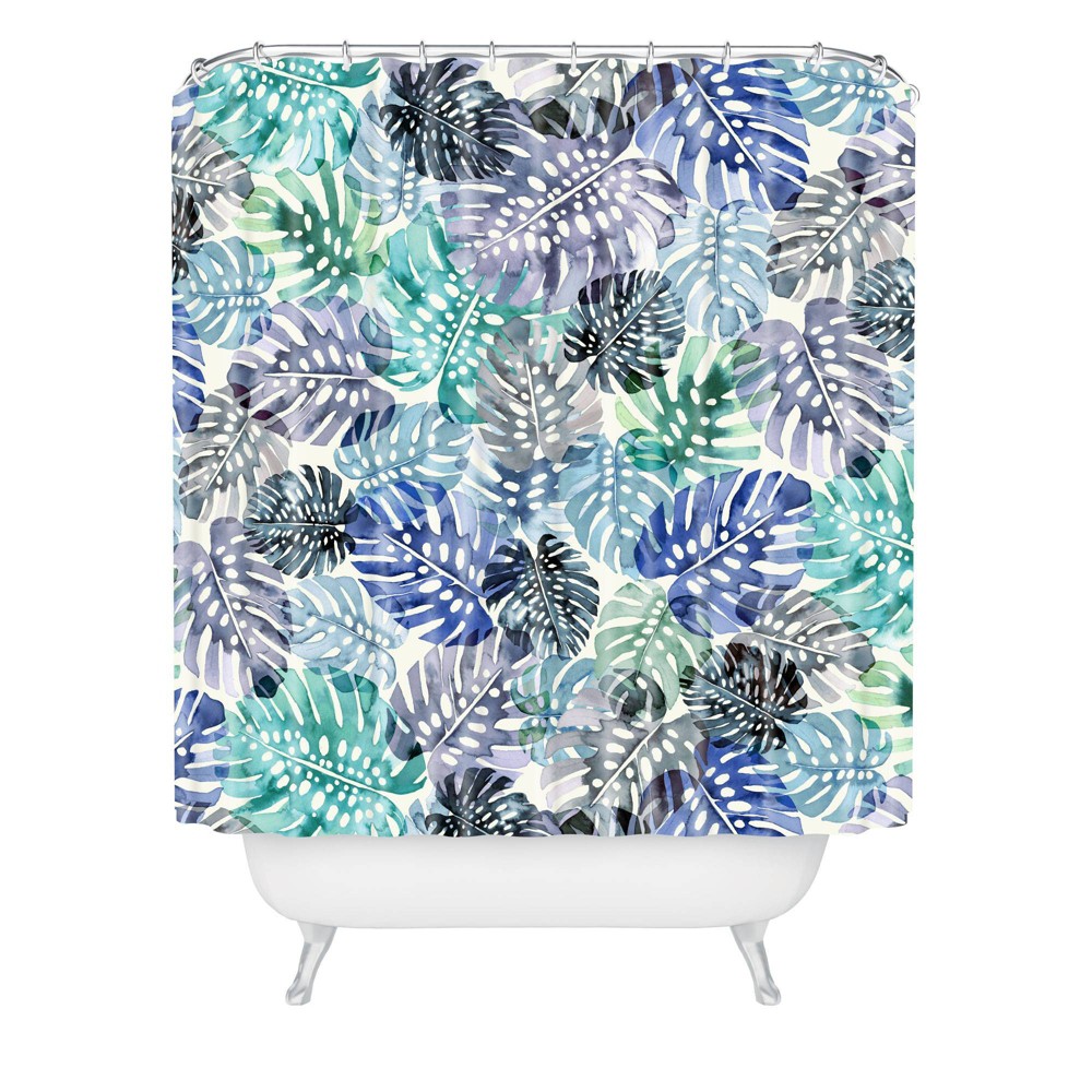 Photos - Shower Curtain Ninola Design Tropical Jungle Leaves Blue  Blue - Deny Desig