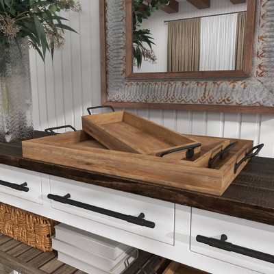 Rustic Brown Mango Wood Rectangular Tray Set with Slot Handles