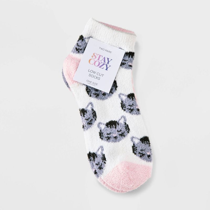 Women&#39;s 2pk Cats Cozy Low Cut Socks - Ivory/Pink 4-10, 2 of 4