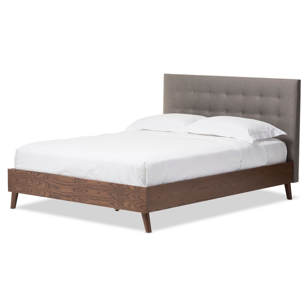 Photos - Bed Frame Queen Alinia Mid-Century Retro Modern Fabric Upholstered Walnut Wood Platf