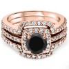 Pompeii3 1 3/4ct Black Diamond Rose Gold Cushion Halo Ring Set 14K - 3 of 4