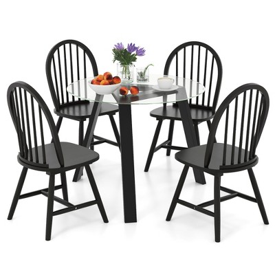 Tangkula 5 PCS Dining Set for 4 Round Table w/ 4 Chairs Solid Rubber Wood Frame Modern Black