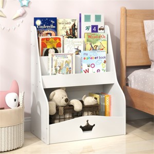 Angel Sar White 3-Tier Kids Bookshelf & Toy Storage Organizer with Hidden Compartments, Montessori Bookcase for Playroom, Nursery, Classroom, White - 1 of 4