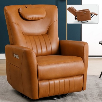 Image of Brown Electric Recliner Armchair Nursery Glider And Recliner With Lumbar And Neck Support Pillow,Glider Swivel Recliner With Charging Port-Cuddlewood