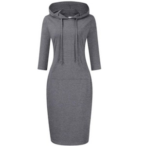 Women's Sweatshirt Dress 3/4 Sleeve Hoodie with Front Pocket Knee Length Slim Fit Pullover Hoodie Dress - 1 of 4