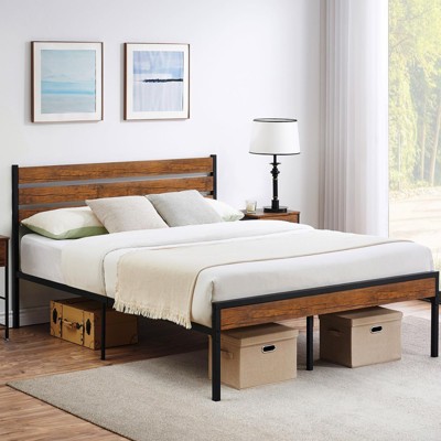 Full Bed Frame with Headboard Footboard, Rustic Brown Wood Metal Wrought Rod Slat Platform Farmhouse Bedframe