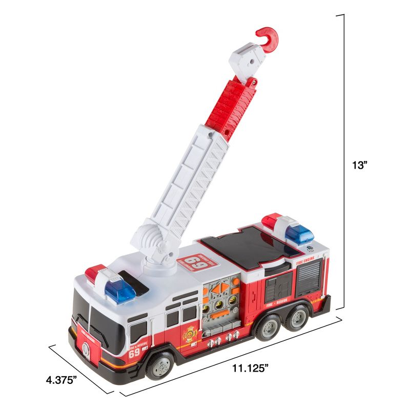 Toy Time Kids' Toy Fire Truck With Extending Ladder, Battery-Powered Lights, Siren Sounds, and Bump-n-Go Movement – Red and White, 5 of 9