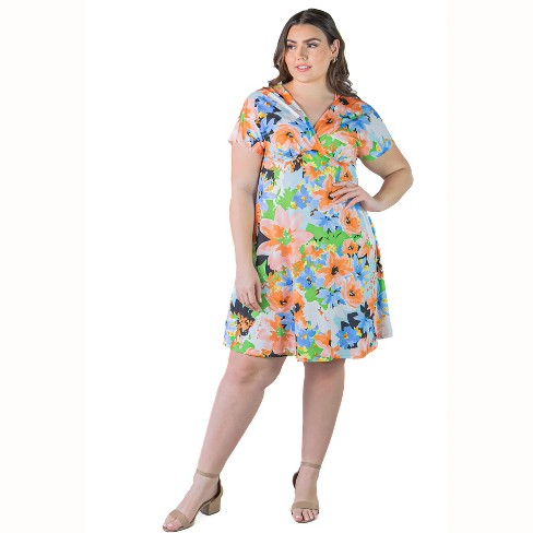 Plus Size Floral Empire Waistline Knee Length Dress -multicolored-1x ...