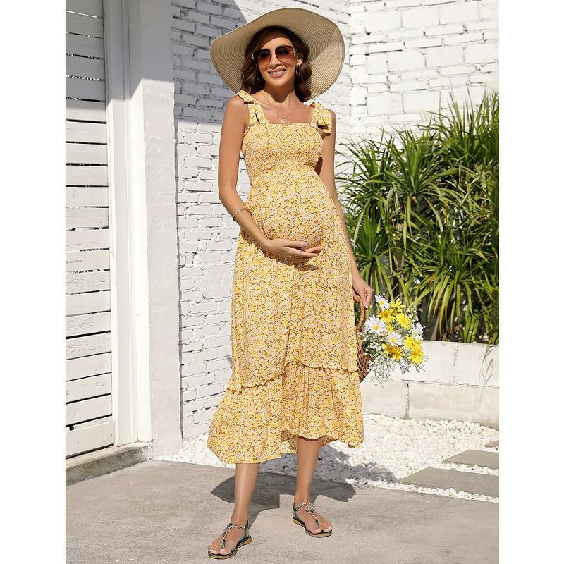 Smocked Maternity Boho Summer Dress Casual Spaghetti Strap Ruffle Sleeveless Swing Maxi Dress Baby Shower Photoshoot Yellow Floral XXL, 4 of 8