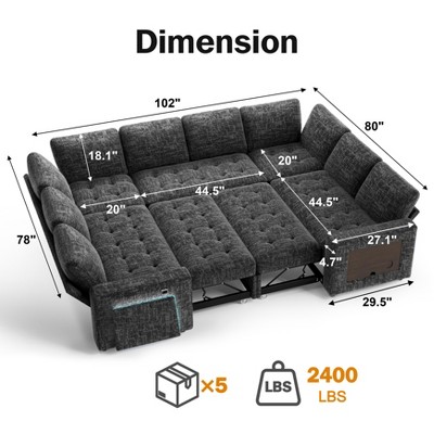 Dimensions and specs of a modular sofa showing measurements and weight