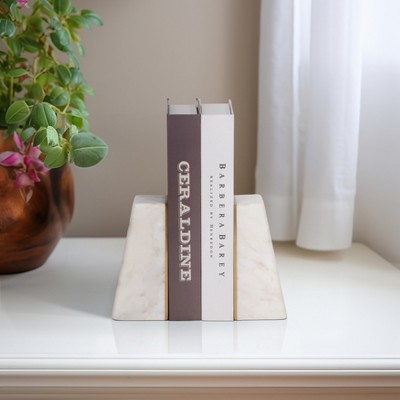 Sagebrook Home Set of 2 Marble Bookends - Contemporary White and Gold Slanted Decorative Bookends - Book Display Home Office
