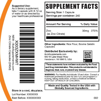 BulkSupplements Zinc Citrate Capsules