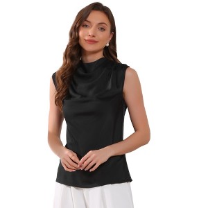 INSPIRE CHIC Women's Satin Sleeveless Mock Turtleneck Ruched Dressy Tank Tops - 1 of 4