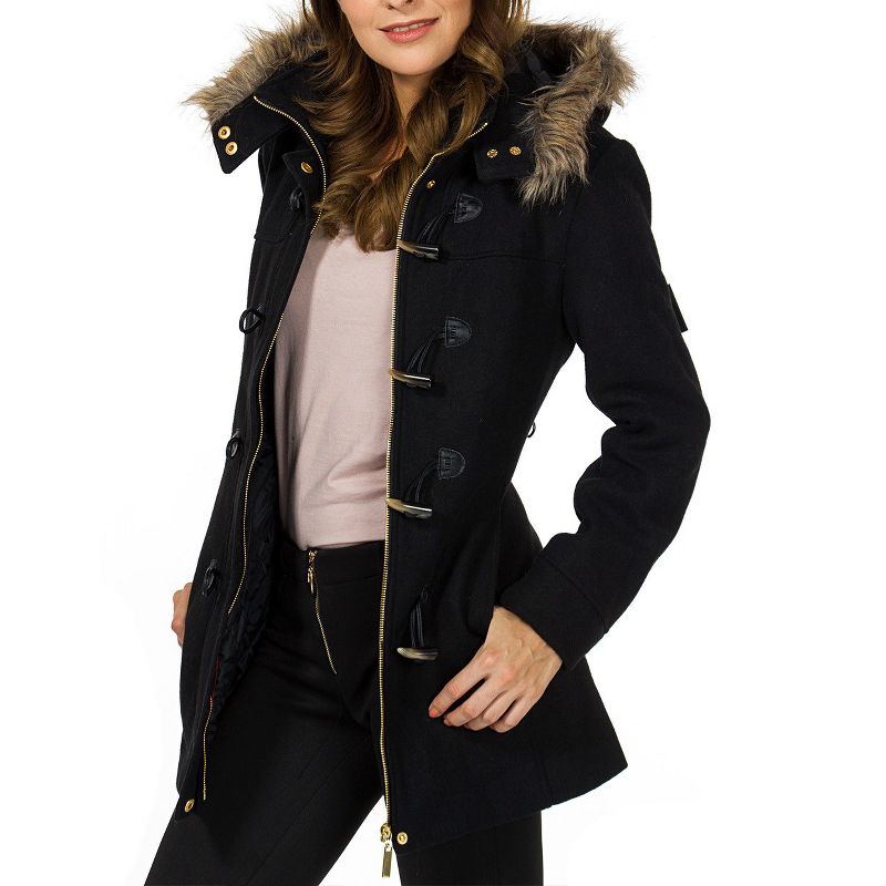 Alpine Swiss Duffy Womens Wool Coat Fur Trim Hooded Parka Jacket, 4 of 11