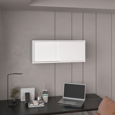 INFURNIC Decorative Wall Shelf Wall Cabinet with Sliding Doors Spacious Storage for Books and Essentials Modern Design, White, 13"*32"*13"