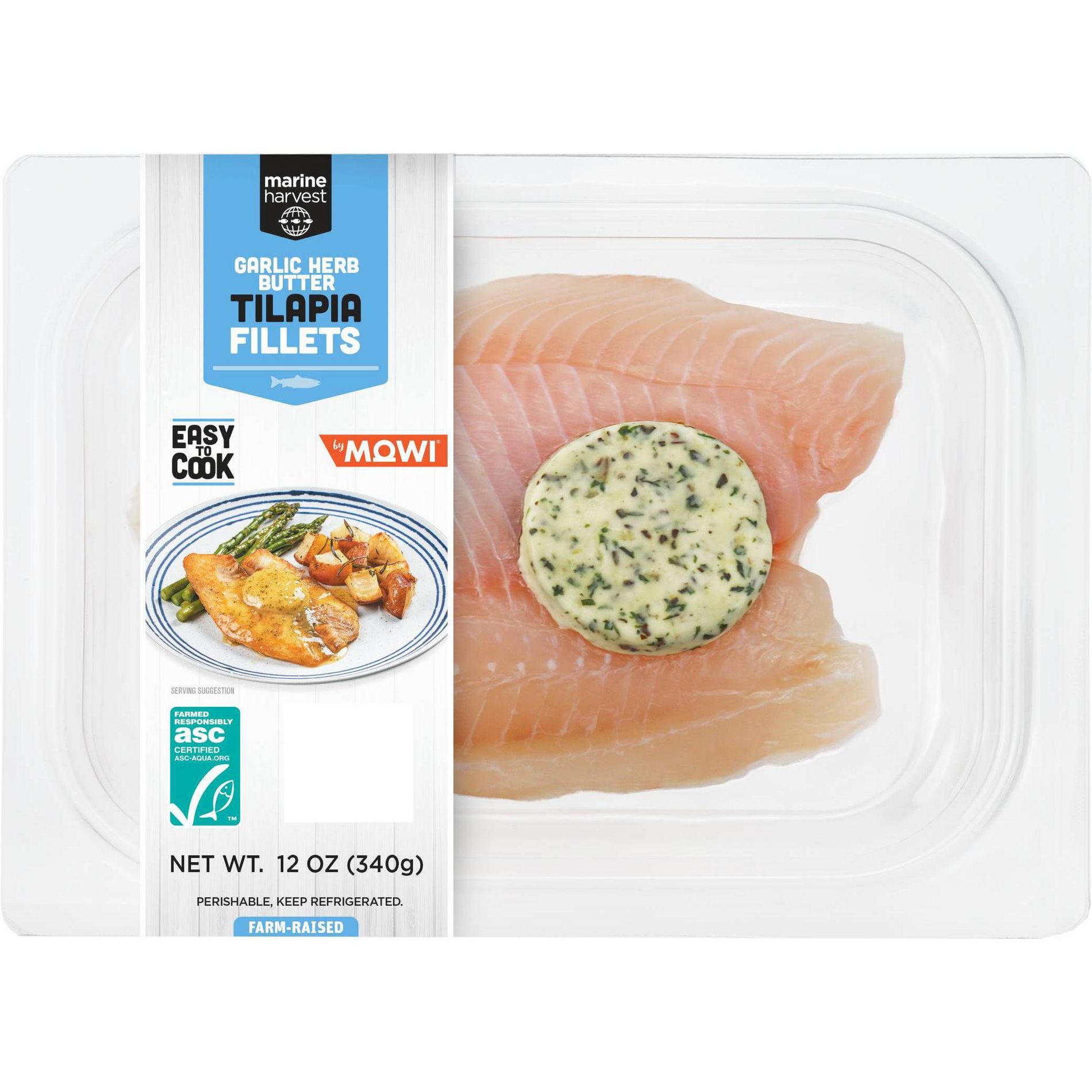 Marine Harvest by MOWI Garlic Herb Butter Filleted Raw Tilapia - Frozen - 12oz