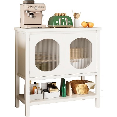 Modern Coffee Bar Cabinet with Storage, White Console Table with Reeded Glass Doors and Open Shelf, For Entryway, Kitchen, Dining Room