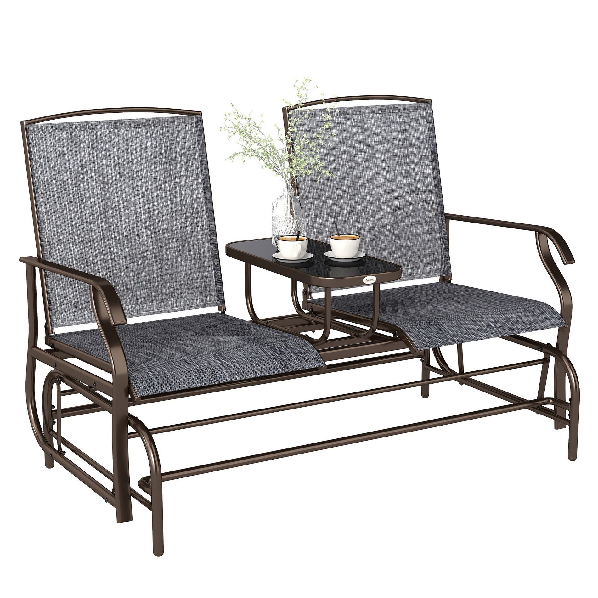Aghana Digitals 2-Person Outdoor Glider Bench with Center Coffee Table, Breathable Mesh Sling, Gray 57.80×30.80×40.00 in