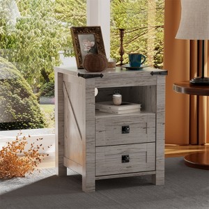 Farmhouse Nightstand wtih Charging Station, 18" End Table Side Table with 2 Drawers for Bedroom, Living Room - 1 of 4