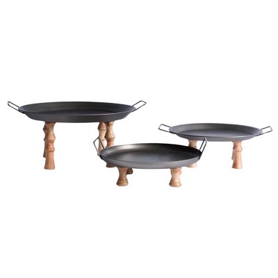 HomeRoots Set of Three Black And Brown Wood And Metal Round Riser Trays With Handles