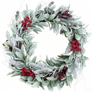 24inch artificial wintry pine wreath with candle rings greenery berry clusters frosted branches front door wallxmas fireplace decor - 1 of 4