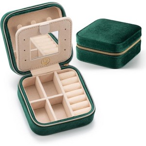 Plush Velvet Travel Jewelry Case with Mirror, Portable Organizer for Rings, Earrings & Necklaces, Green - 1 of 4