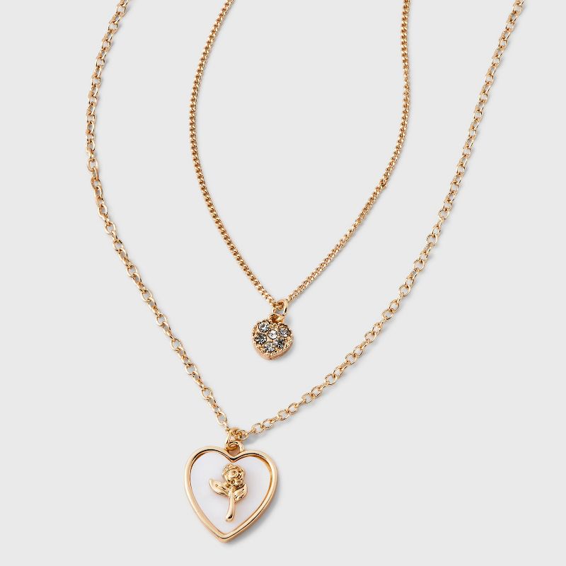 Dainty Chain Necklace with Crystal and Shell Heart Pendant Set 2pc -Wild Fable&#8482; Gold, 1 of 3