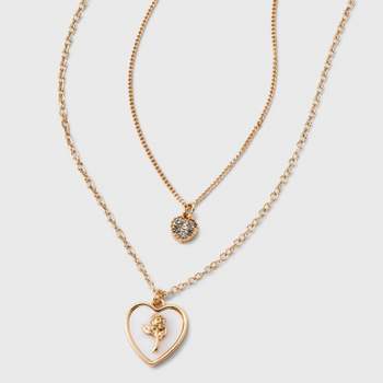 Dainty Chain Necklace with Crystal and Shell Heart Pendant Set 2pc -Wild Fable™ Gold