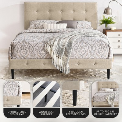 Linen Upholstered Full Platform Bed with Tufted Headboard and Wood Slats