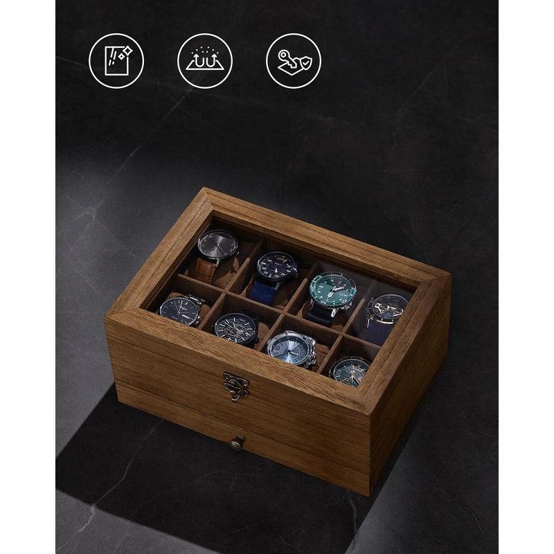 SONGMICS 8-Slot Watch Box 2-Tier Watch Display Case Jewelry Storage Holder for Men Rustic Walnut, 3 of 6