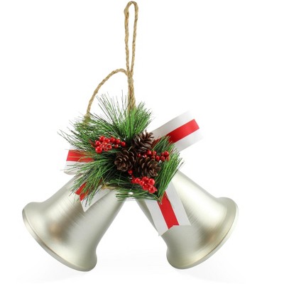 Vintage Silver Metal Christmas Bells with Pine and Berries
