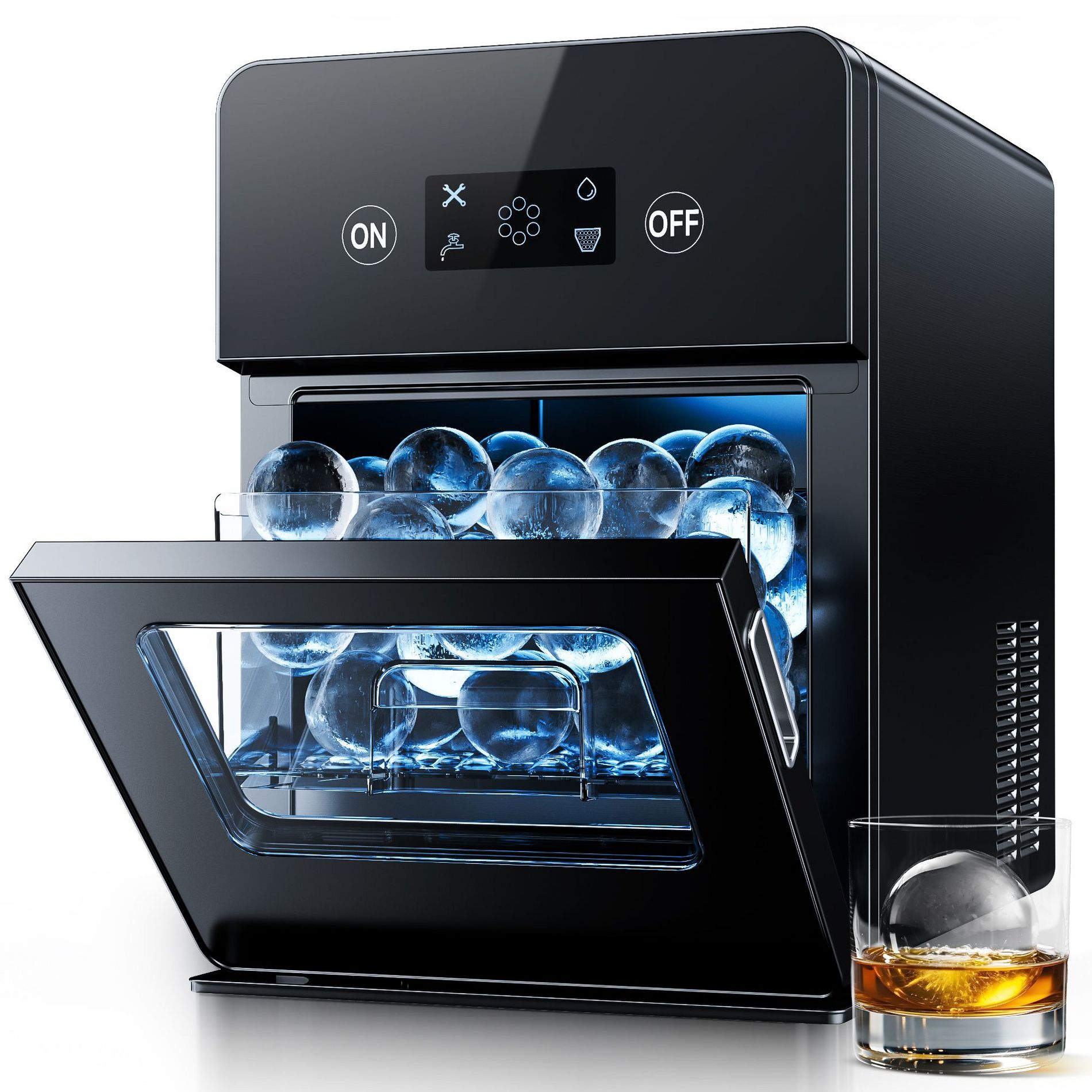 Simzlife Ice Ball Maker, 4 pcs in 38 Mins, 150 Pcs/Day, Sphere Ice Machine, Automatic Water Supply, Self-Cleaning, for Whiskey & Bourbon, Black