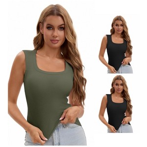 INSPIRE CHIC Women's 3 Packs U-Neck Tank with Built-In Bras Ribbed Wide Straps Undershirt - 1 of 4